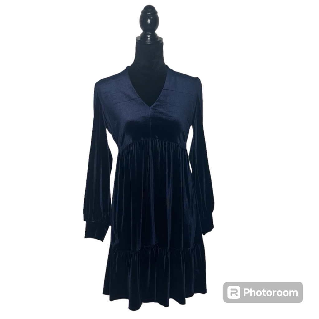 Navy Blue Long Sleeve Short Velvet Dress